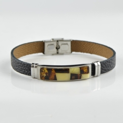 For men Amber bracelet with black brown leather
